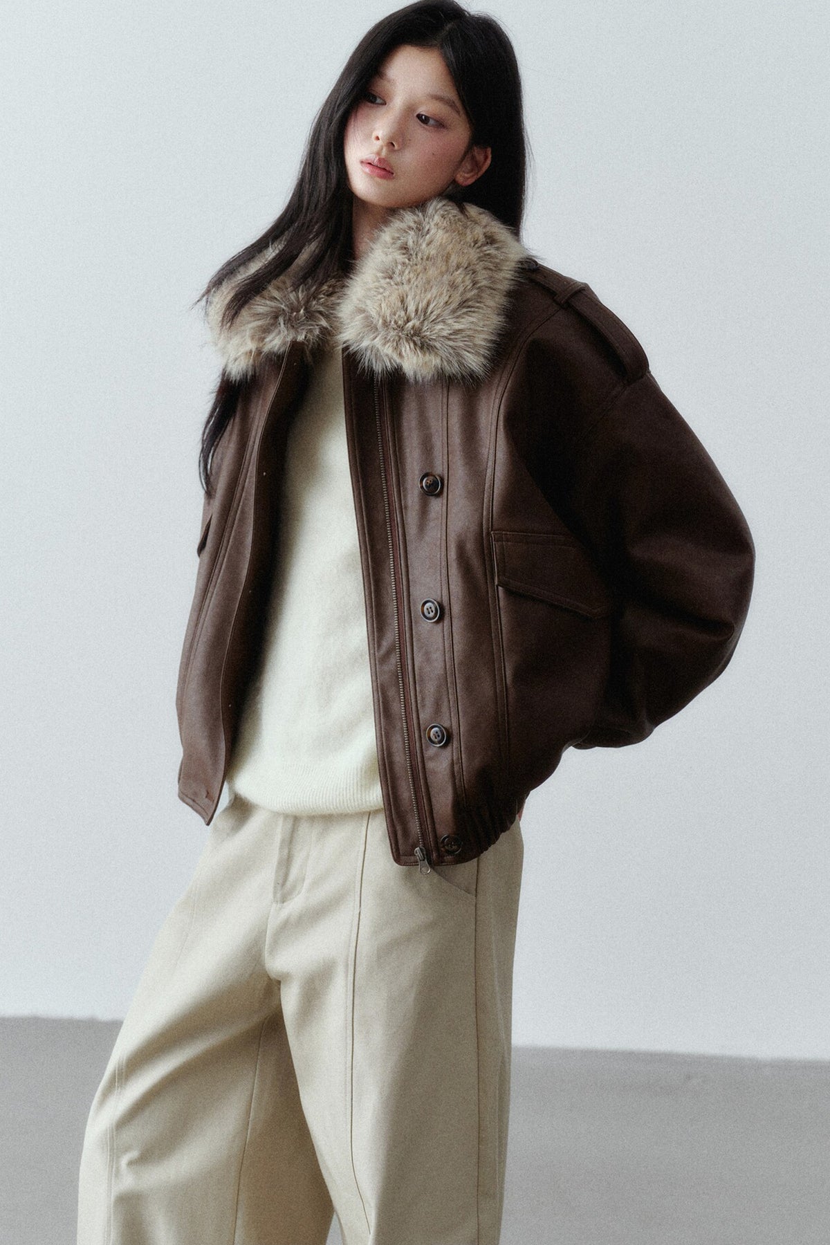 Fur Collar Button-Up Short Jacket