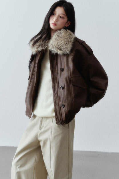 Fur Collar Button-Up Short Jacket
