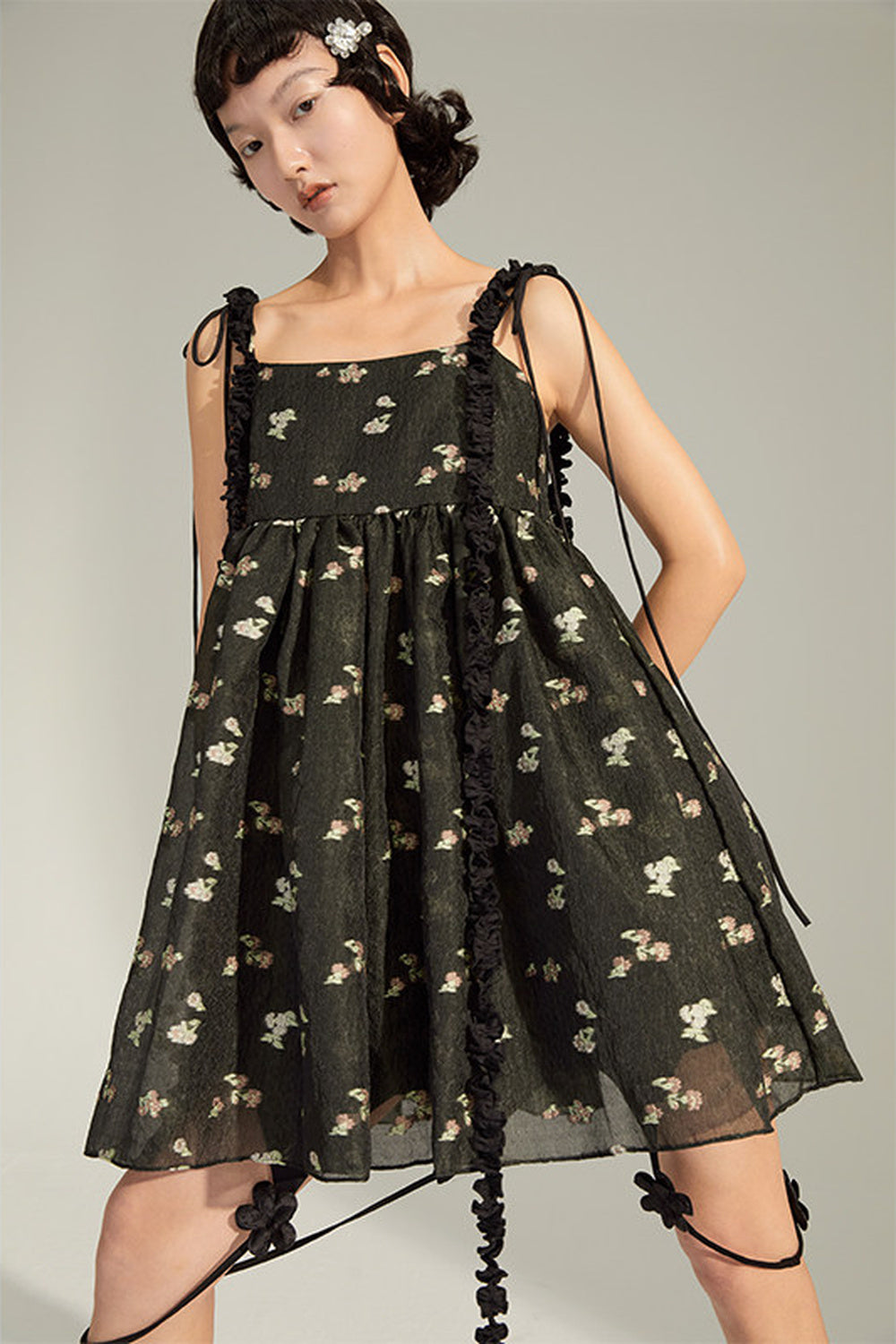 Floral Jacquard Ruffle Strap Dress