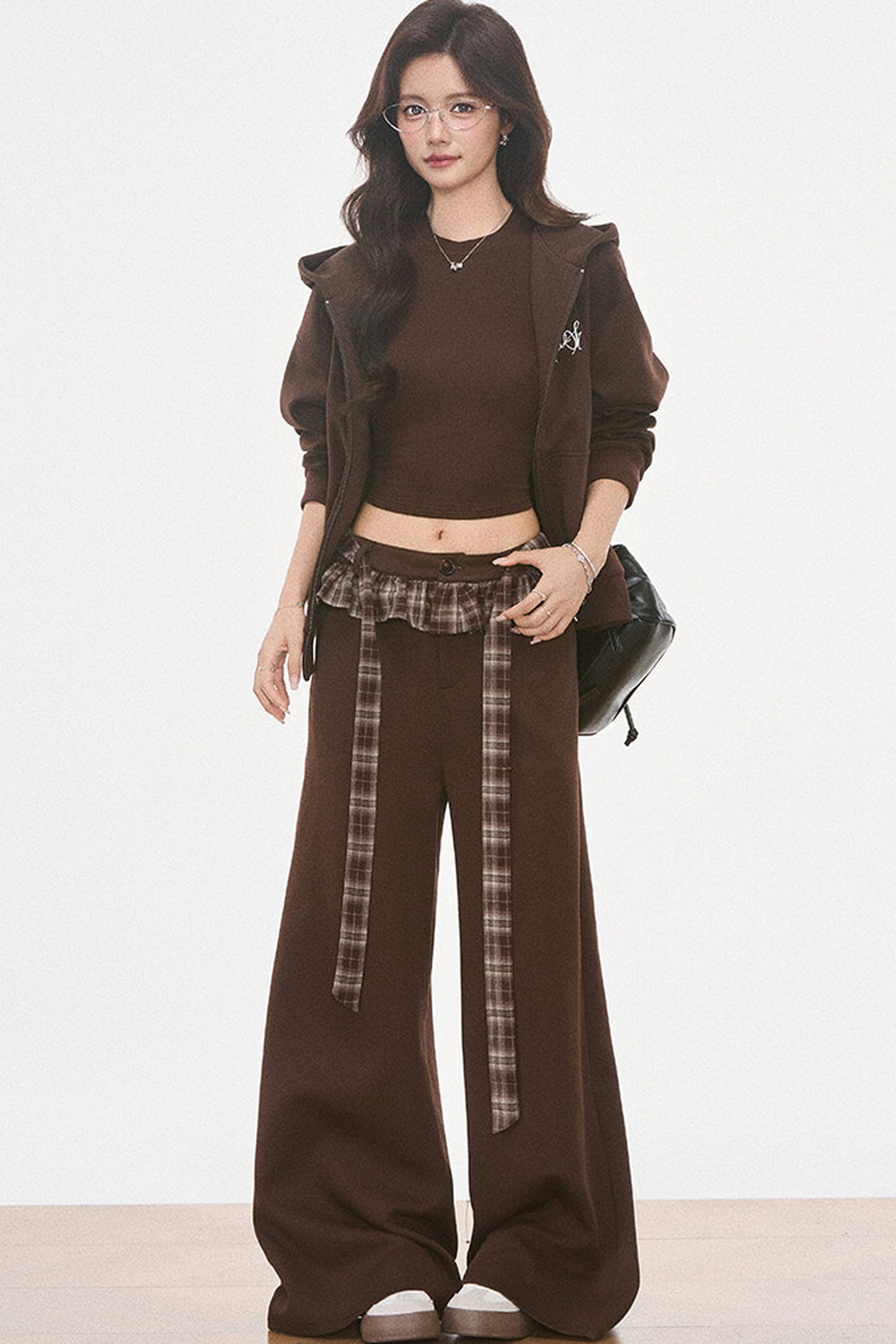 Plaid Patchwork Hooded Sweatshirt and Sweatpants Set-Up