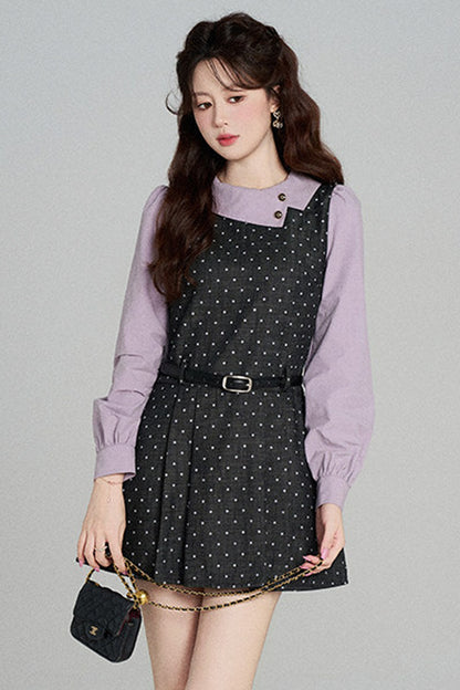 Black Purple Polka Dot Long Sleeve Dress