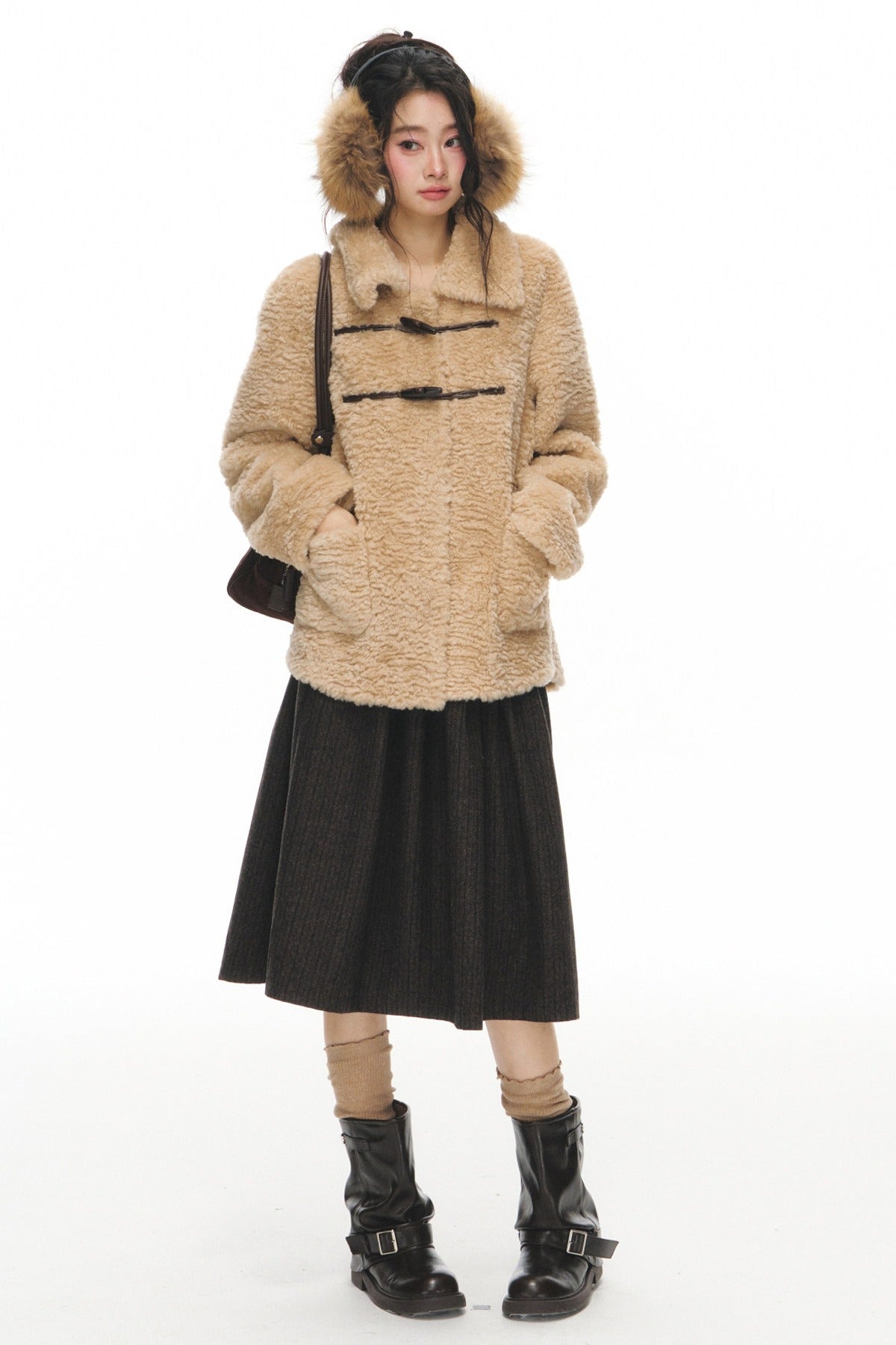 Fur Collar Horn Button Jacket Skirt Set-Up