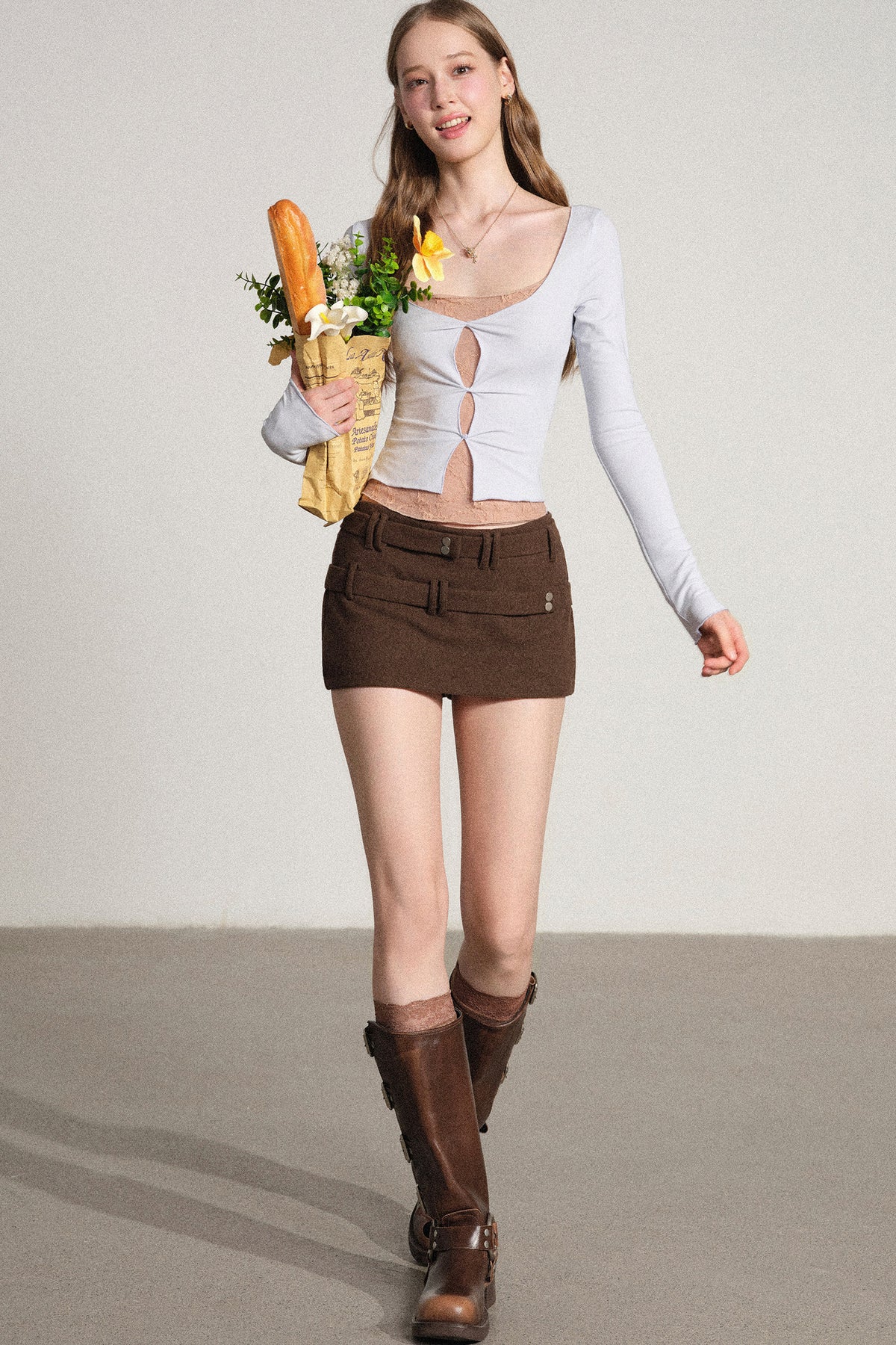 Layered-Look Hollow Out Long Sleeve Top