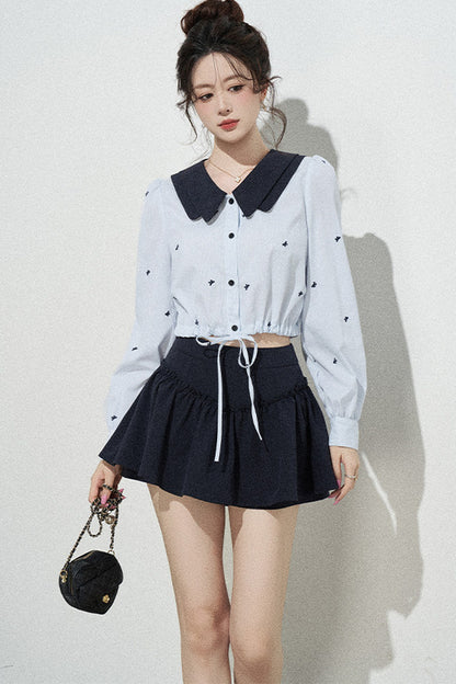 Doll Collar Drawstring Long-Sleeve Shirt and Skirt Set-Up