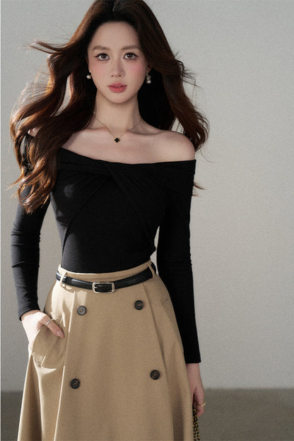 Knot Off-Shoulder Knit Pullover Top and Khaki Skirt Set-Up
