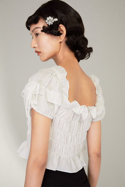 French-Style Black Ruffled Smocked Blouse