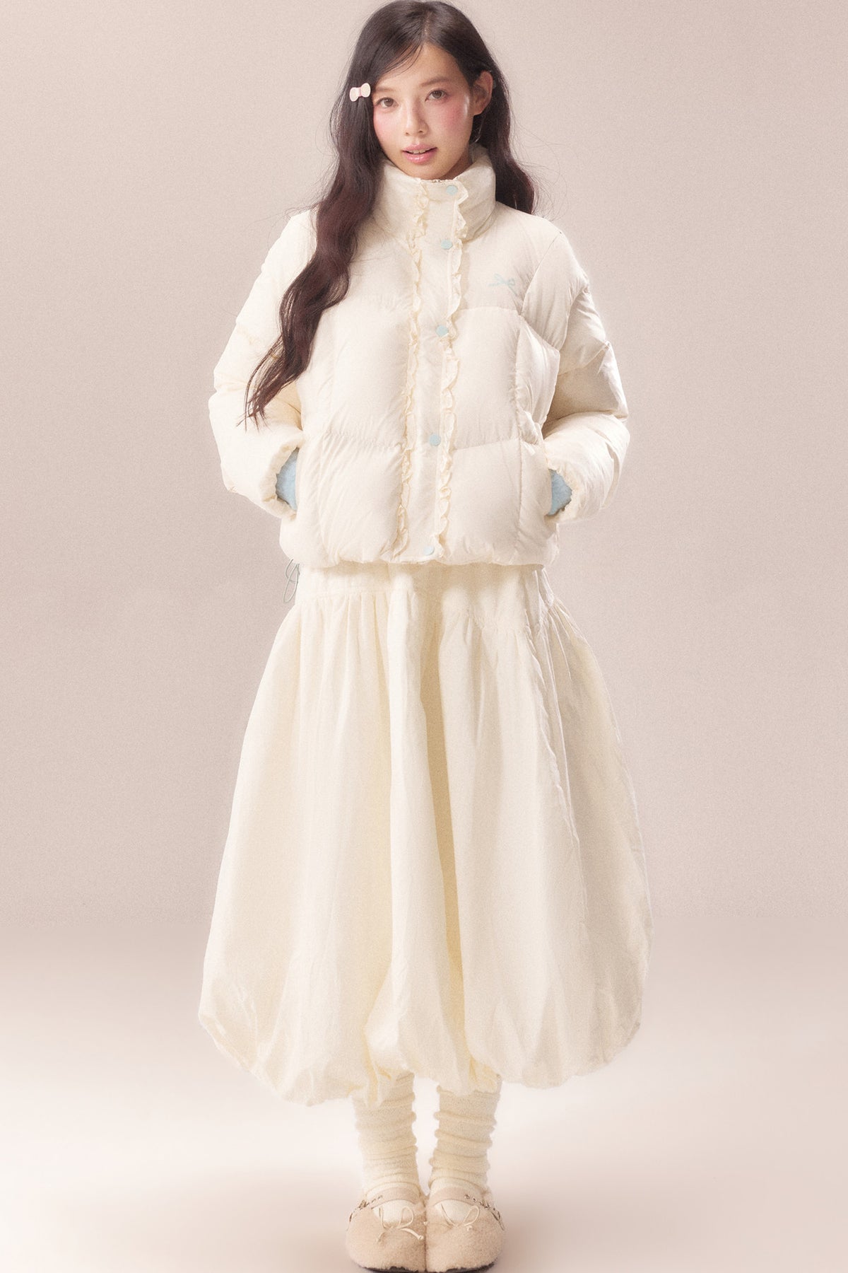 Short Embroidered Bow Lace Down Jacket