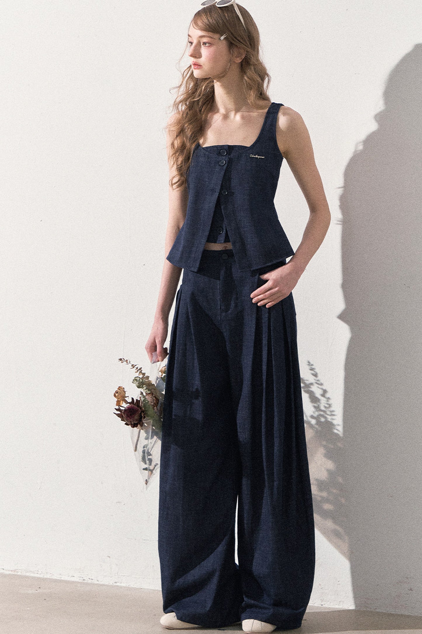 Layered-Look Faux Denim Vest and Wide Leg Pants Set-Up