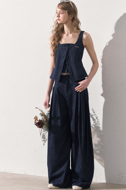 Layered-Look Faux Denim Vest and Wide Leg Pants Set-Up