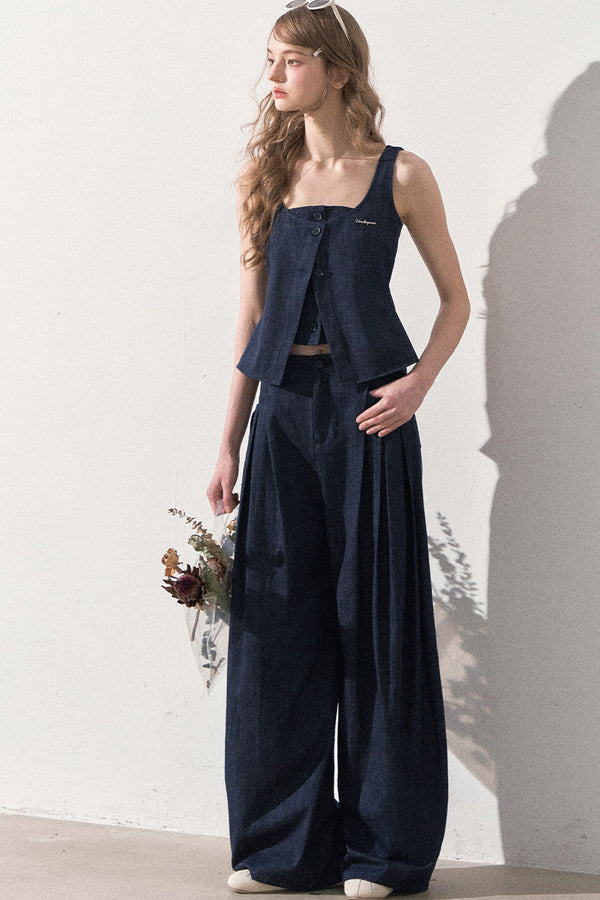 Layered-Look Faux Denim Vest and Wide Leg Pants Set-Up