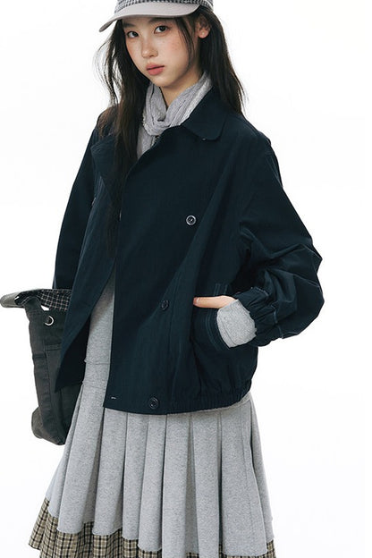 Retro Double-Breasted Workwear Jacket and Skirt Set-Up