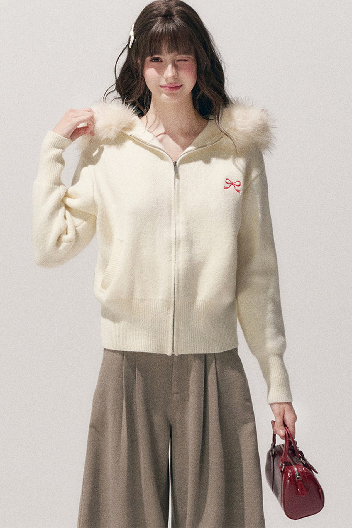 Embroidered Hooded Fur Collar Cardigan