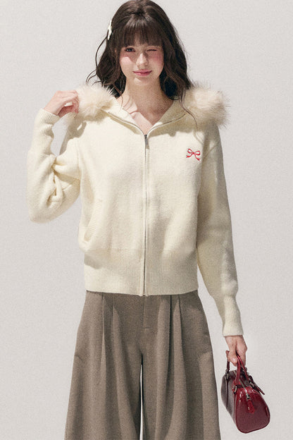 Embroidered Hooded Fur Collar Cardigan