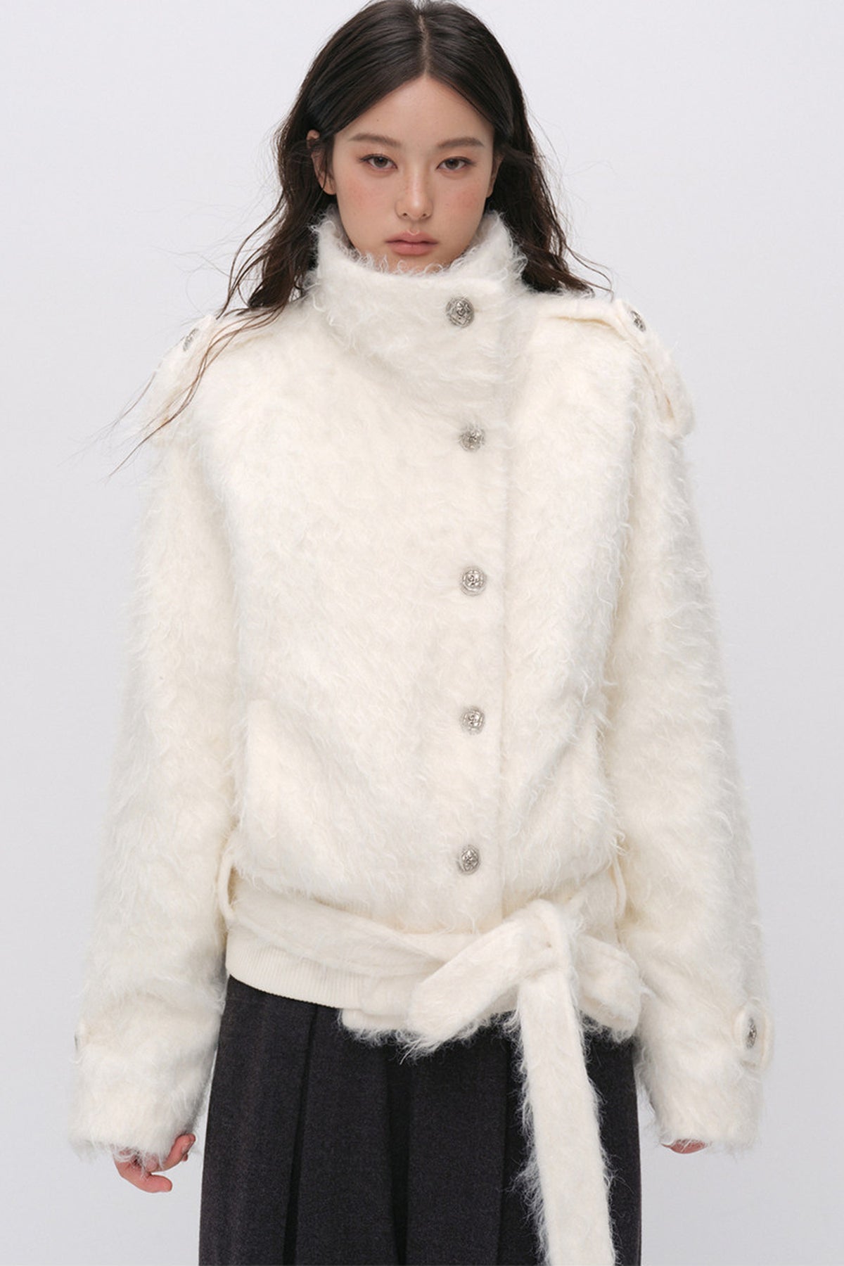 Faux Fur Diagonal Placket Tie Waist Jacket