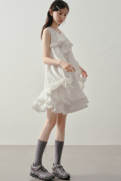 White Irregular Ruffle Dress