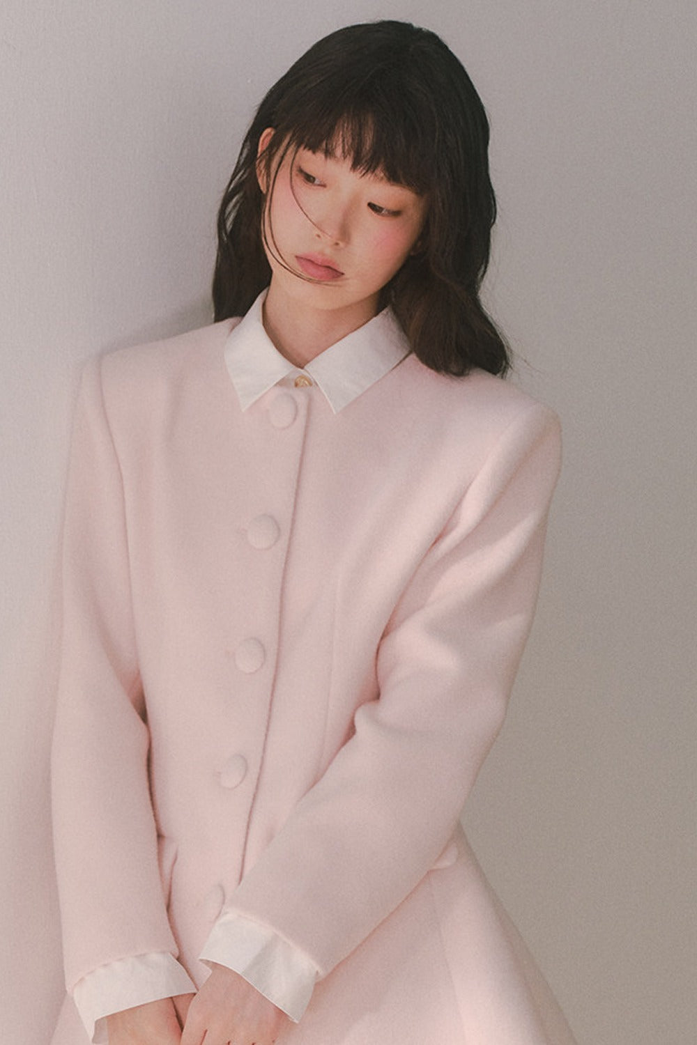 Pink Wool Shirt Collar Mid-Length Coat