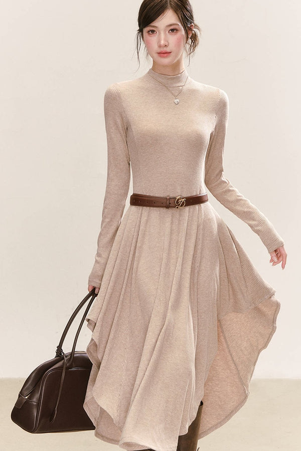 Textured Knit Irregular Hem Stretch Long Dress