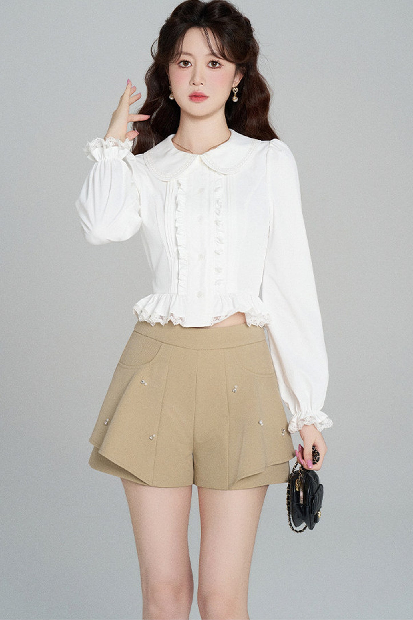 Ruffled Doll Collar Blouse And Shorts Set-Up