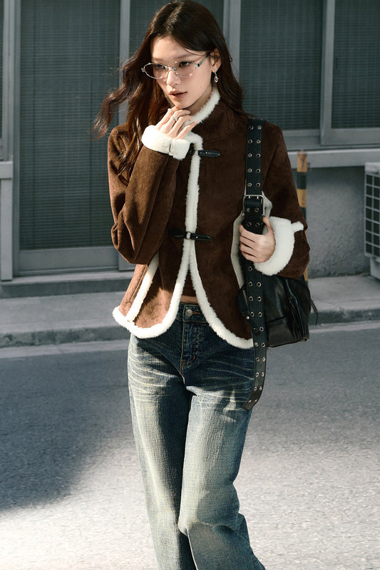 Brown Stand Collar Shearling Jacket