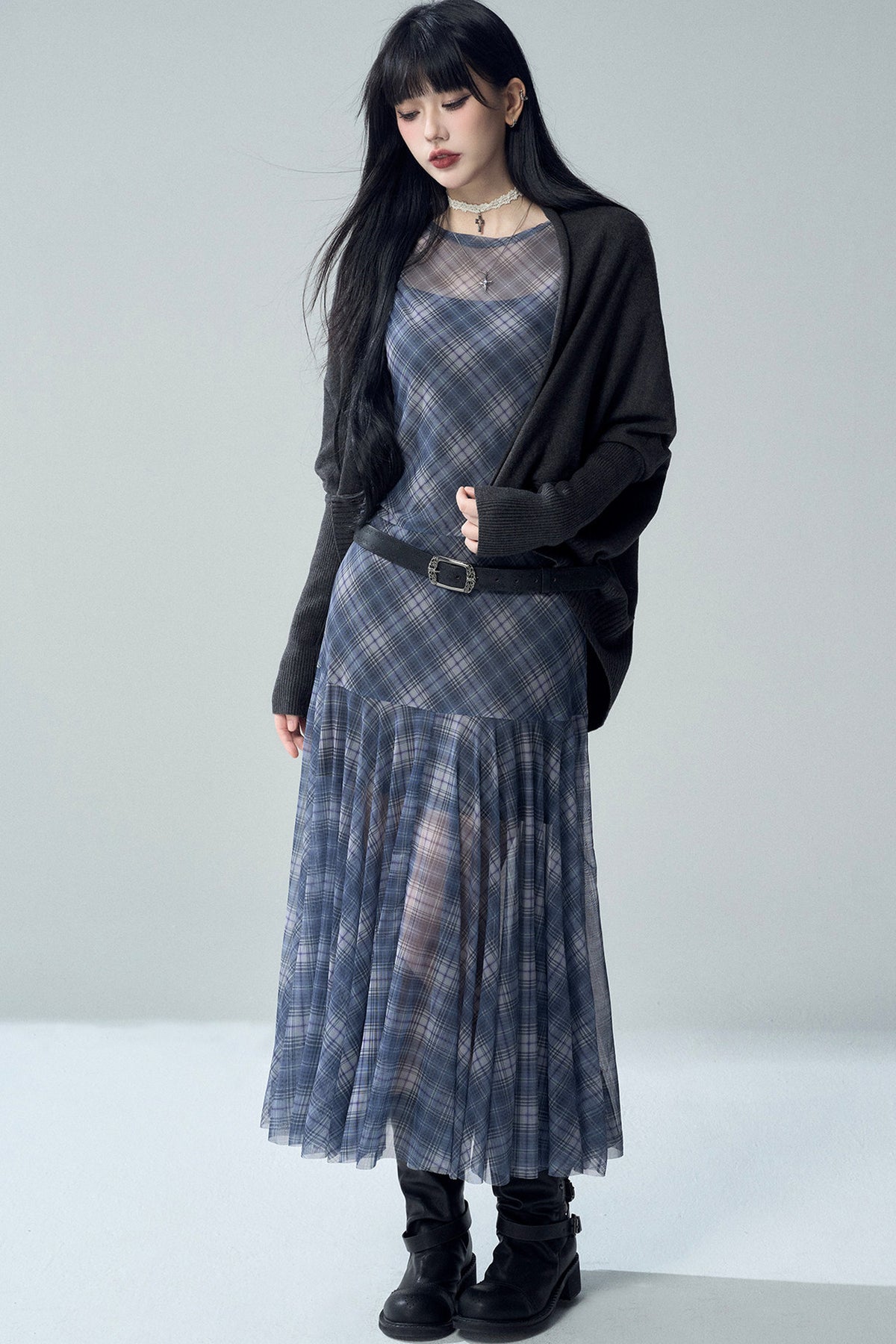 Blue Plaid Long Sleeve Dress Set
