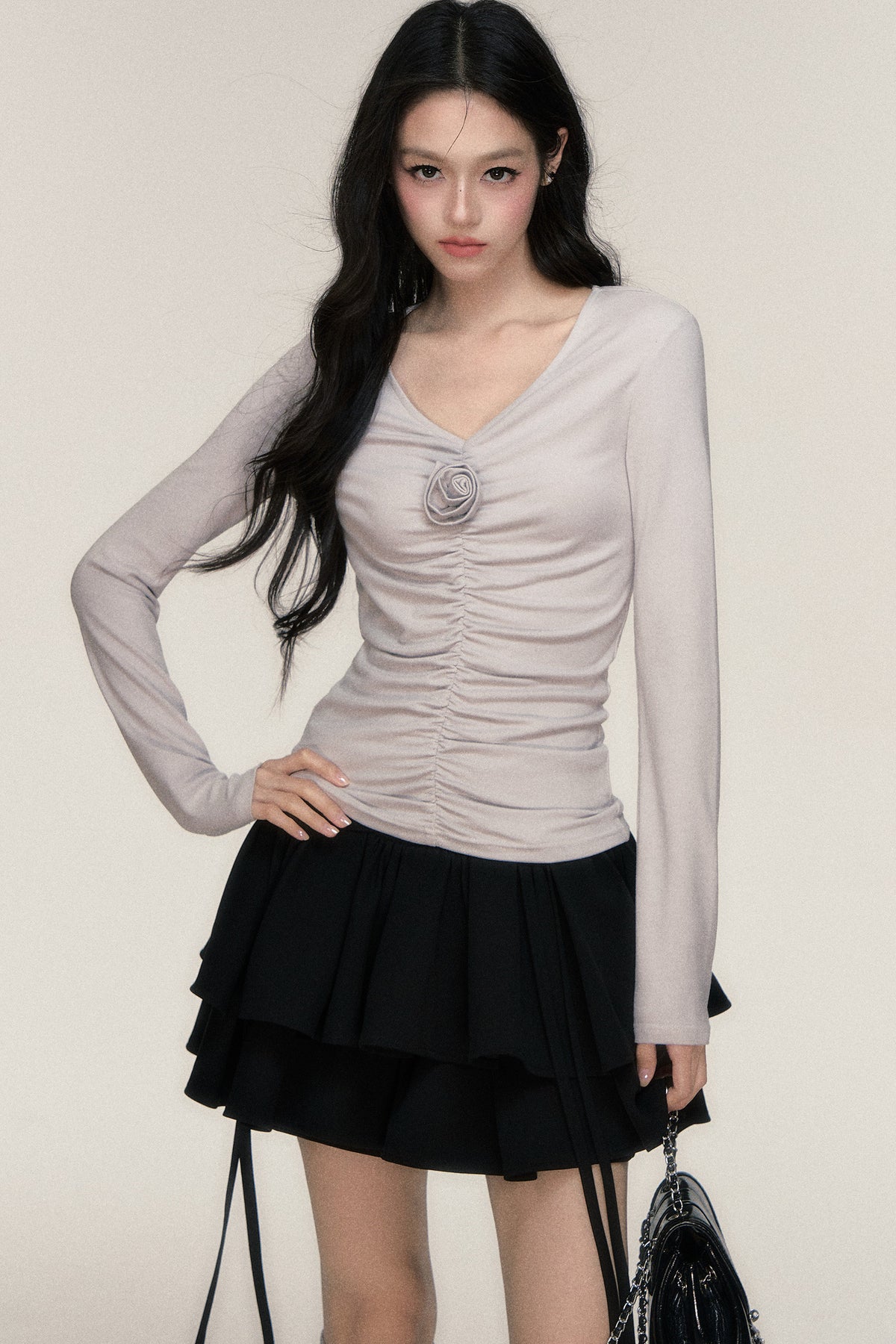 Rose Brooch Ruched Layered T-shirt