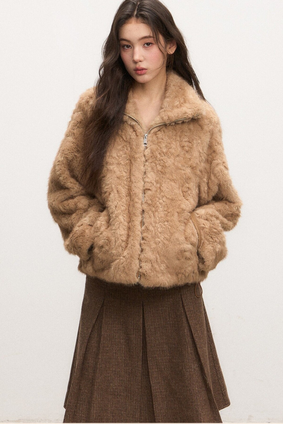 Camel Suede Lapel Fur Top Set-Up