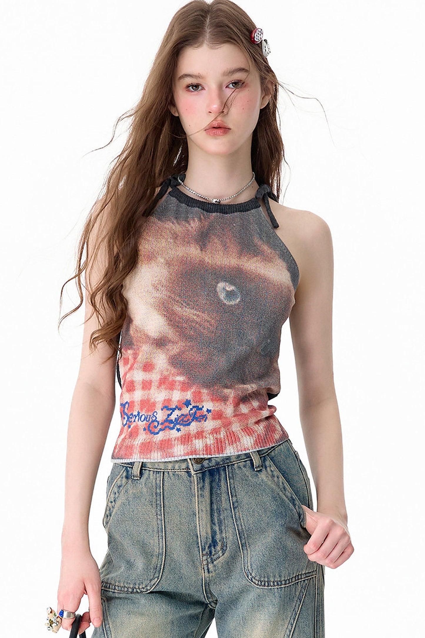 Lazy Style Cat Print Strappy Top