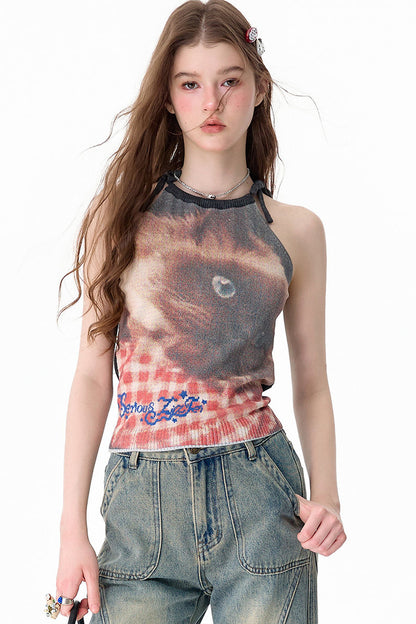Lazy Style Cat Print Strappy Top