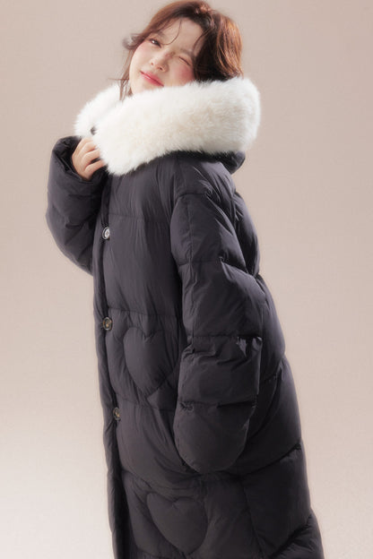 Long Heart Quilted Fur Collar Down Coat