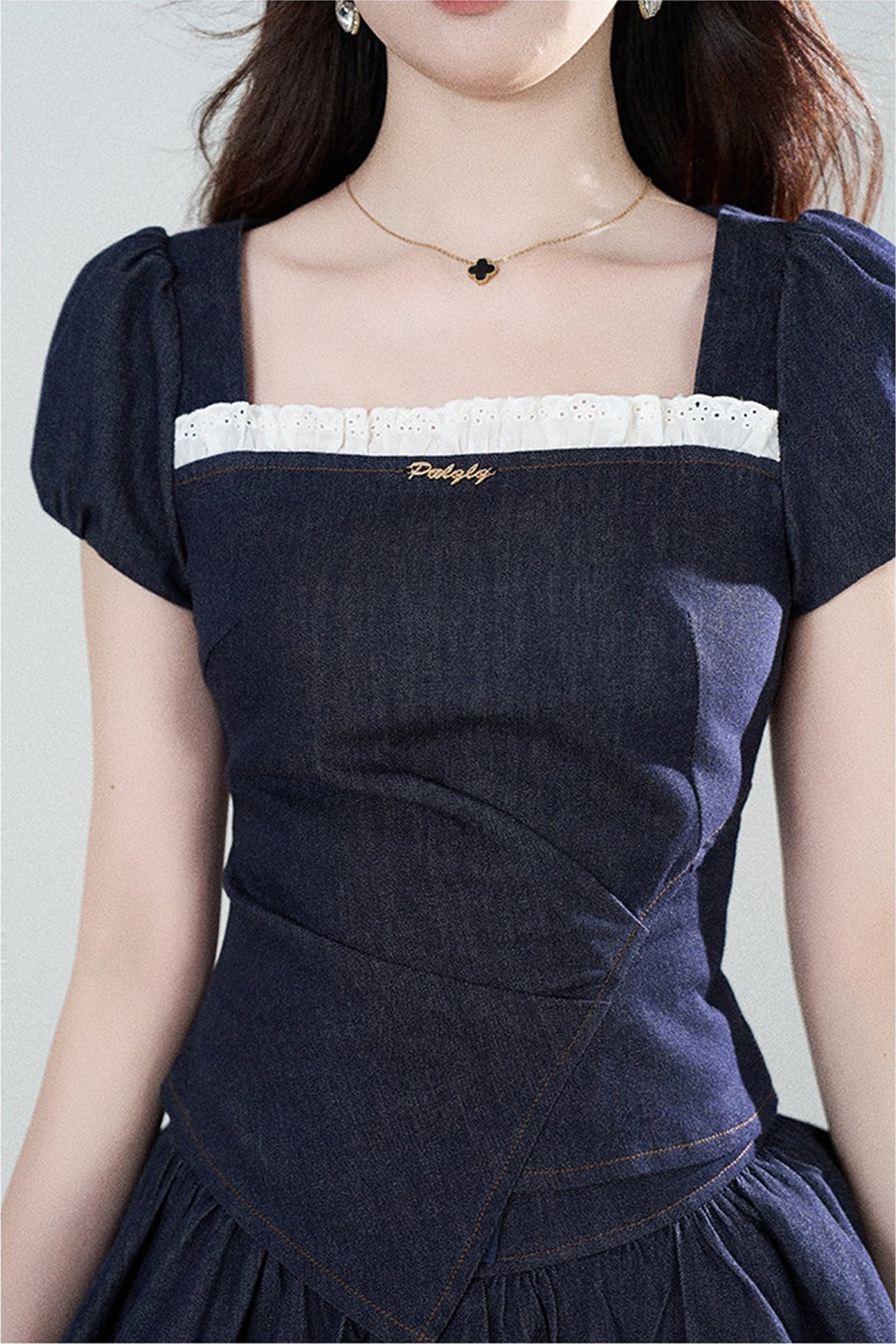 Denim Puff Sleeve Top And Skirt Set