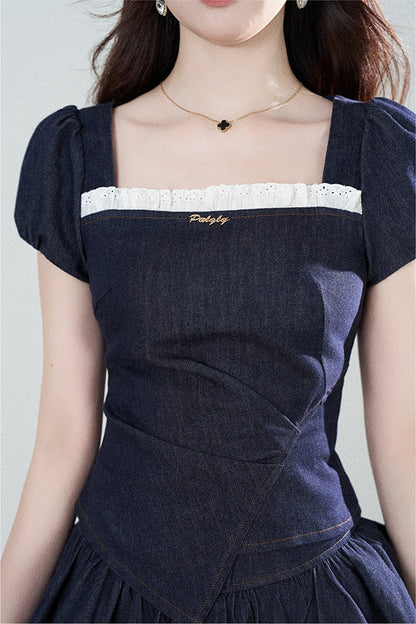 Denim Puff Sleeve Top And Skirt Set