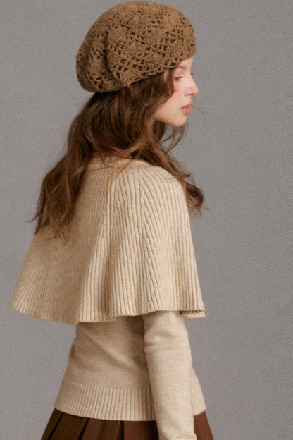 Floral Button Ribbed Cuff Cape Sweater Set