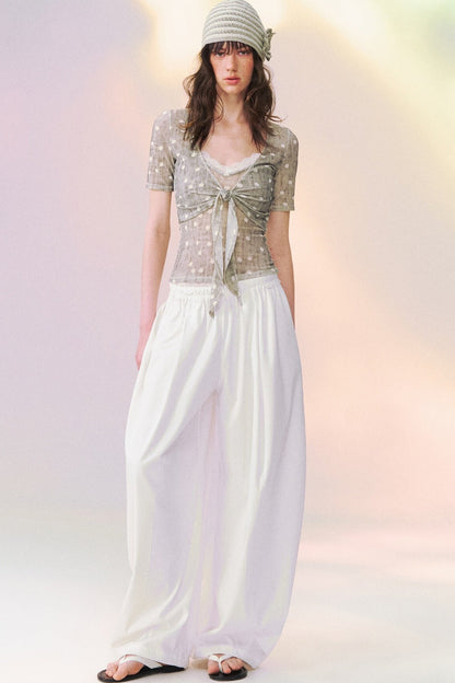 Lace Trim Tie-Front Knit Cardigan Set-Up