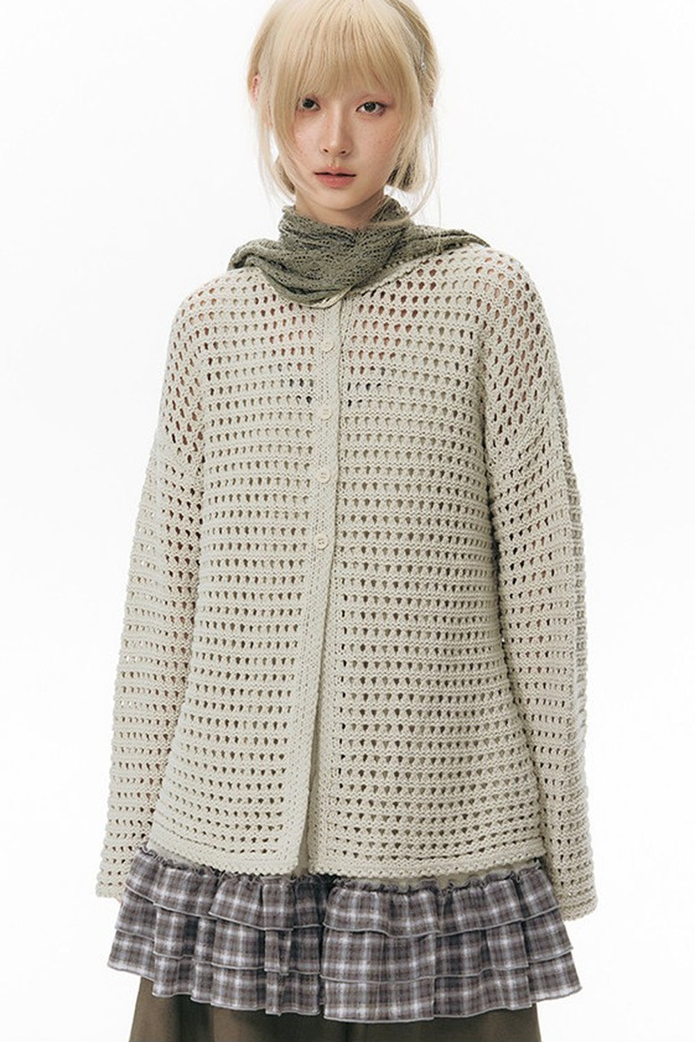 Solid Color Hollow Knit Cardigan