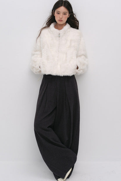 Stand Collar Faux Fur Jacket