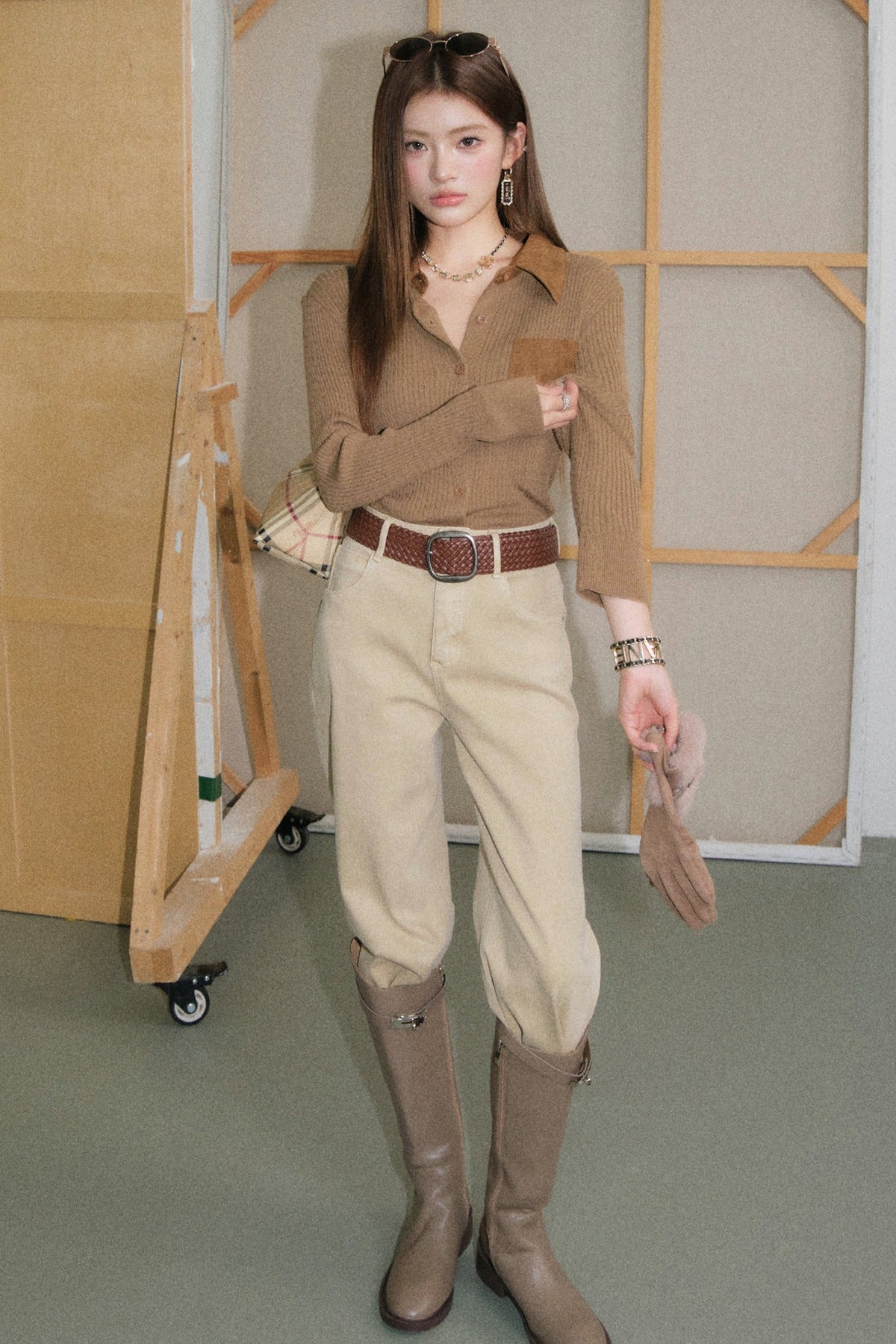 Vintage Coffee Lapel Knit Cardigan and Pants Set-Up
