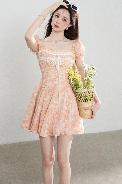 Square-Neck Floral Puff-Sleeve Chiffon Dress