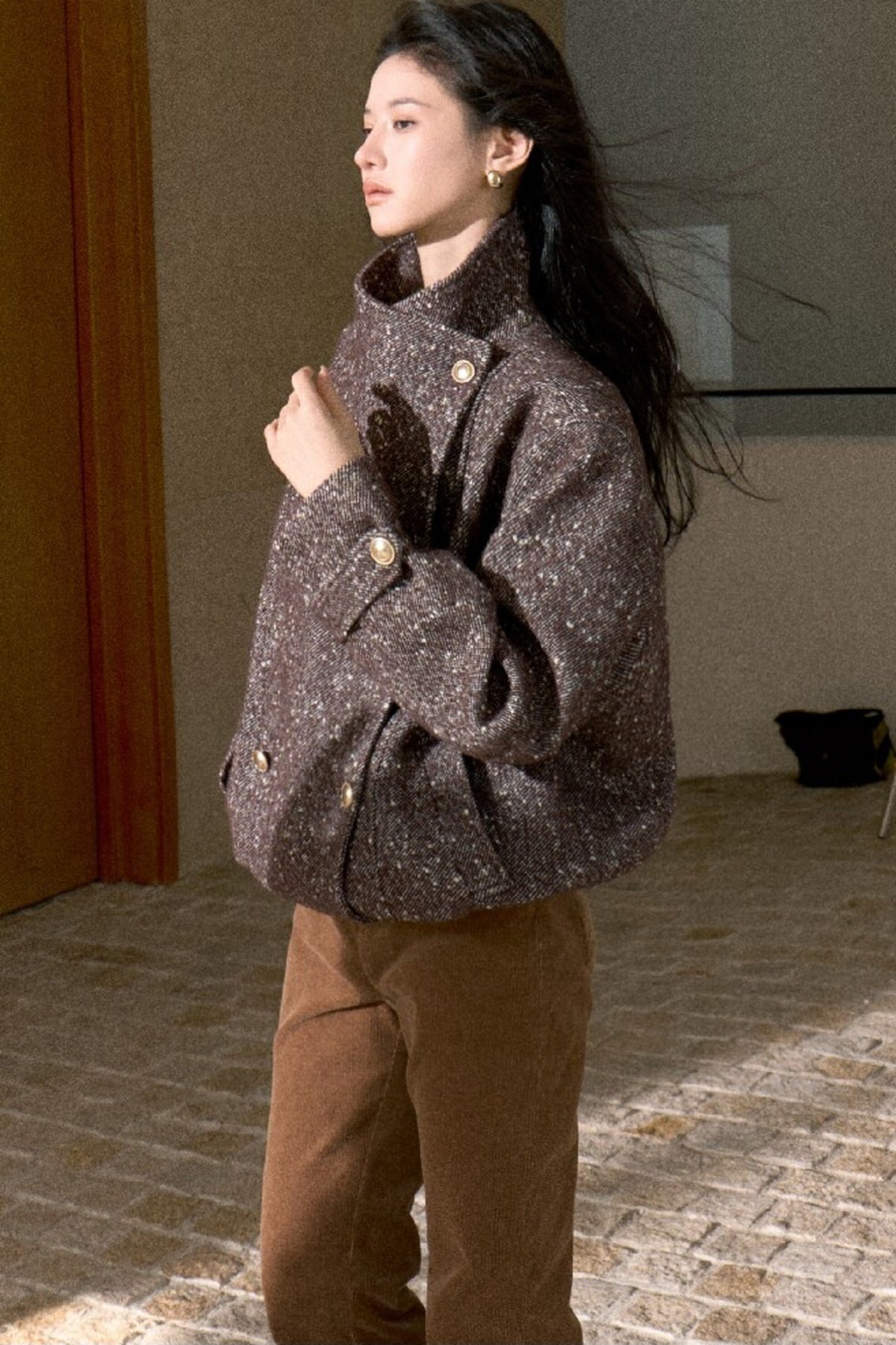 Textured Wool Blend Double-Breasted Jacket