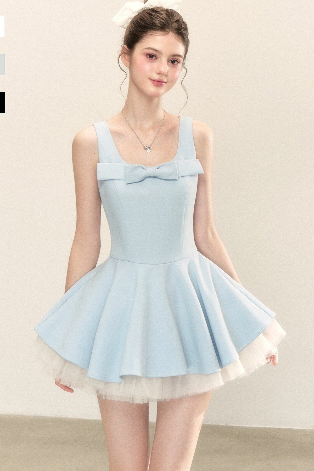 Bow Neck Spaghetti Strap Puffy Dress