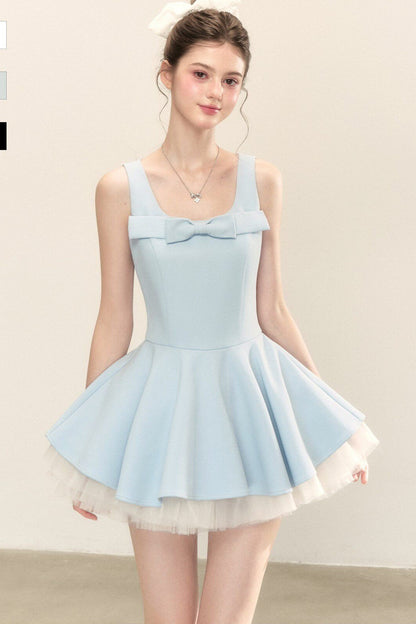 Bow Neck Spaghetti Strap Puffy Dress
