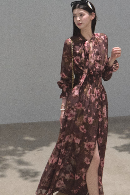 Long Sleeve Chiffon Floral Tie Waist Dress