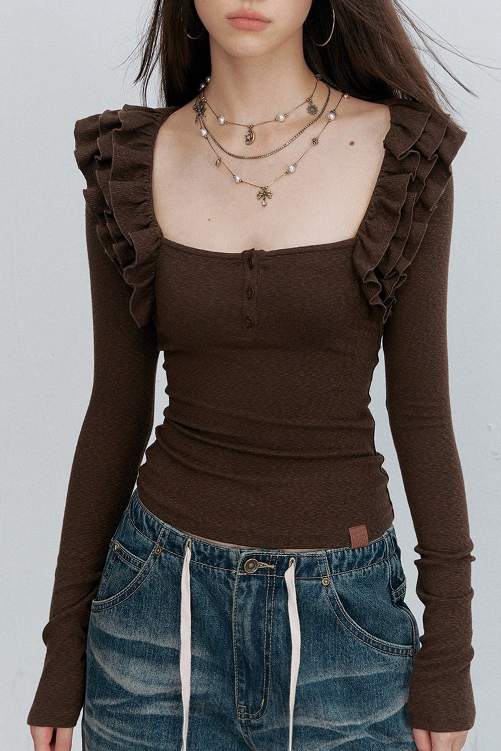 Top in maglia plissettato color caramello