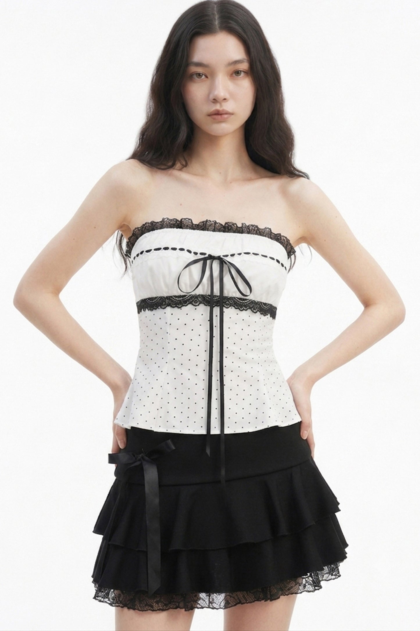 Polka Dot Lace Trim Strapless Top