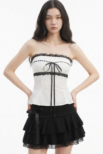 Polka Dot Lace Trim Strapless Top