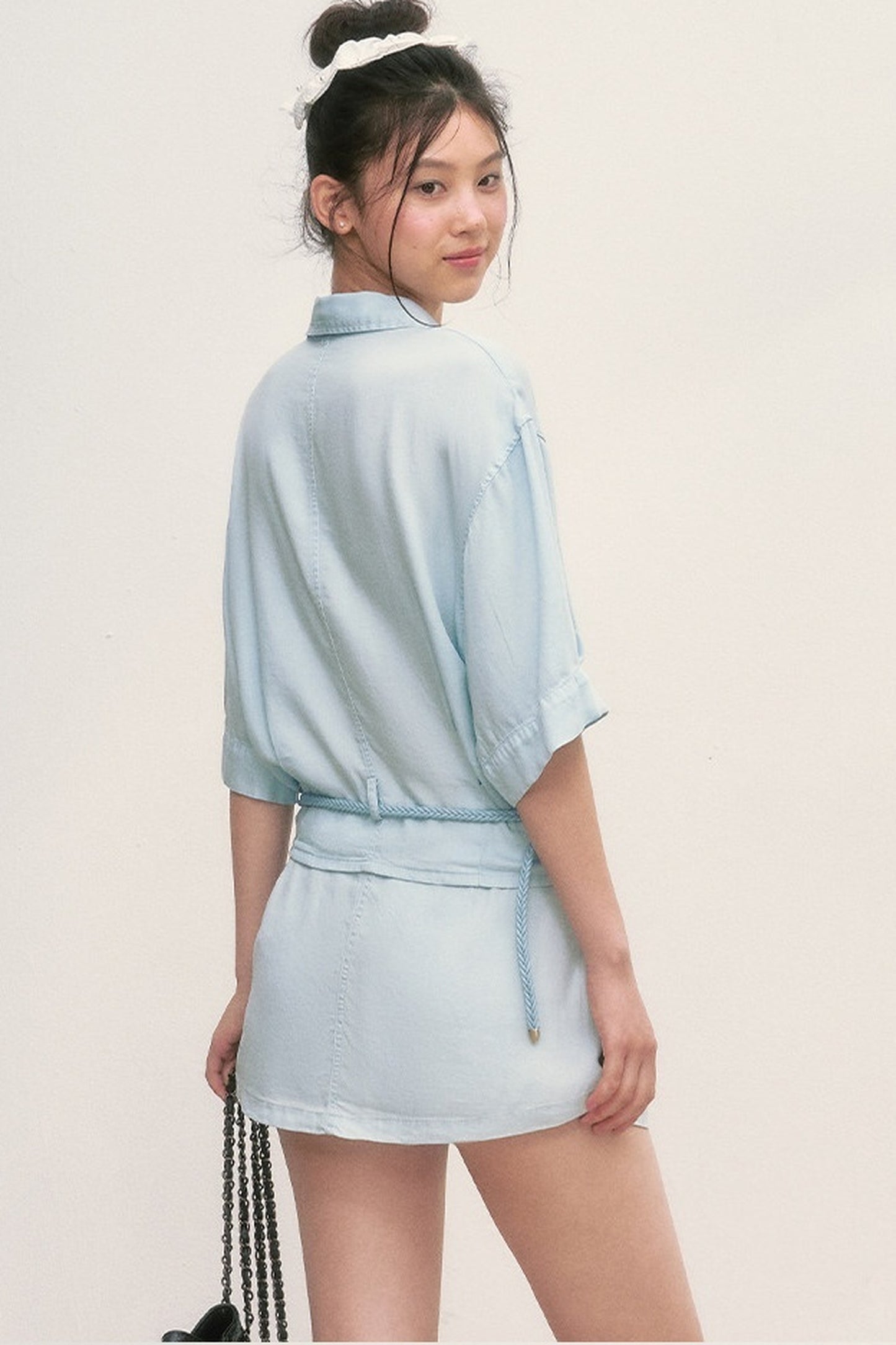 Short Sleeve Light Blue Shirt and Skirt Set-Up