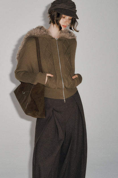 Detachable Navy Fur Collar Cable-Knit Cardigan