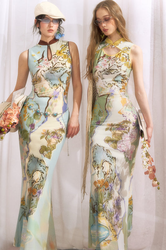 Cheongsam-Kleid im chinesischen Stil mit Tusche-Blumenmuster
