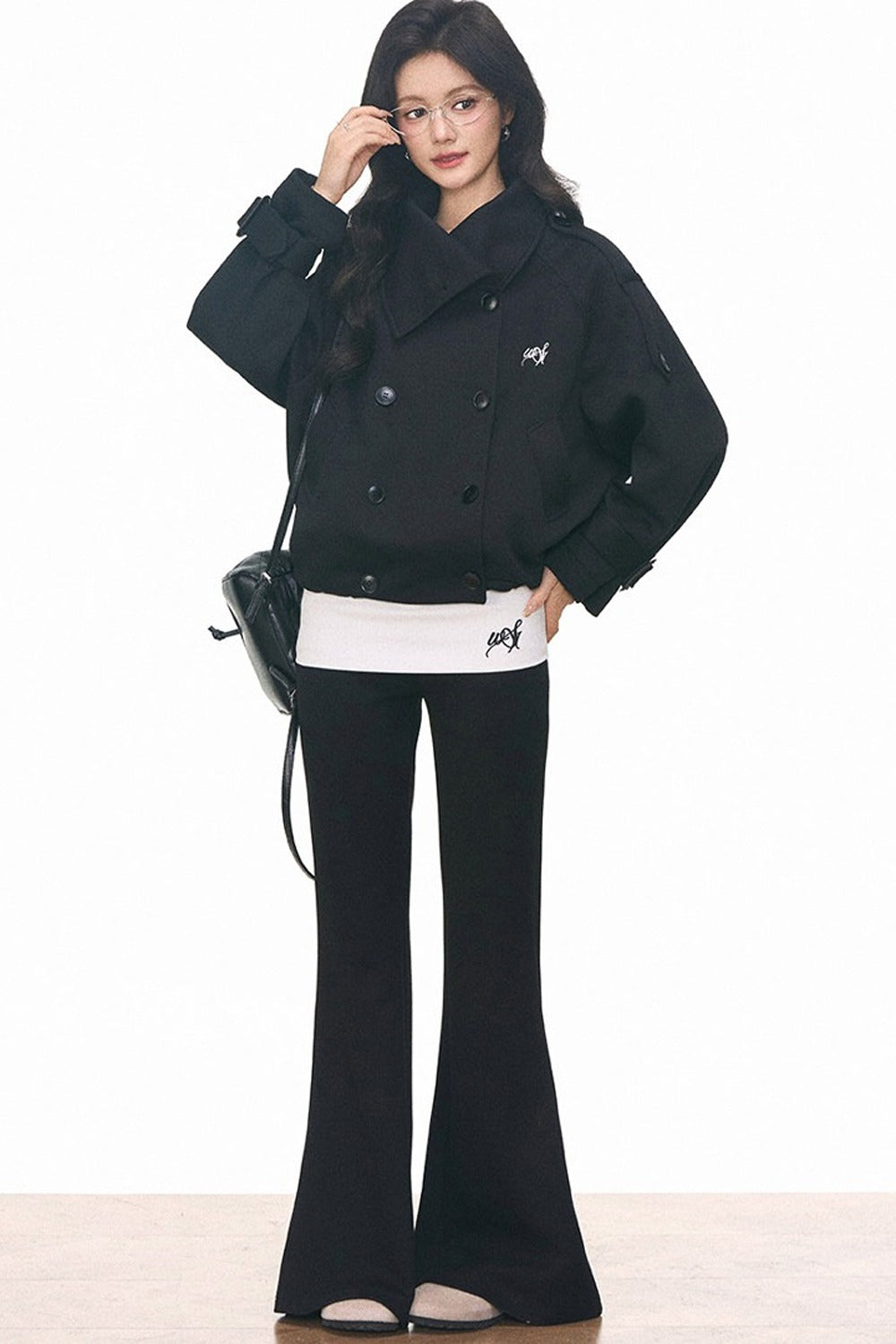 Double-Breasted Knitted Short Trench Coat and Pants Set-Up