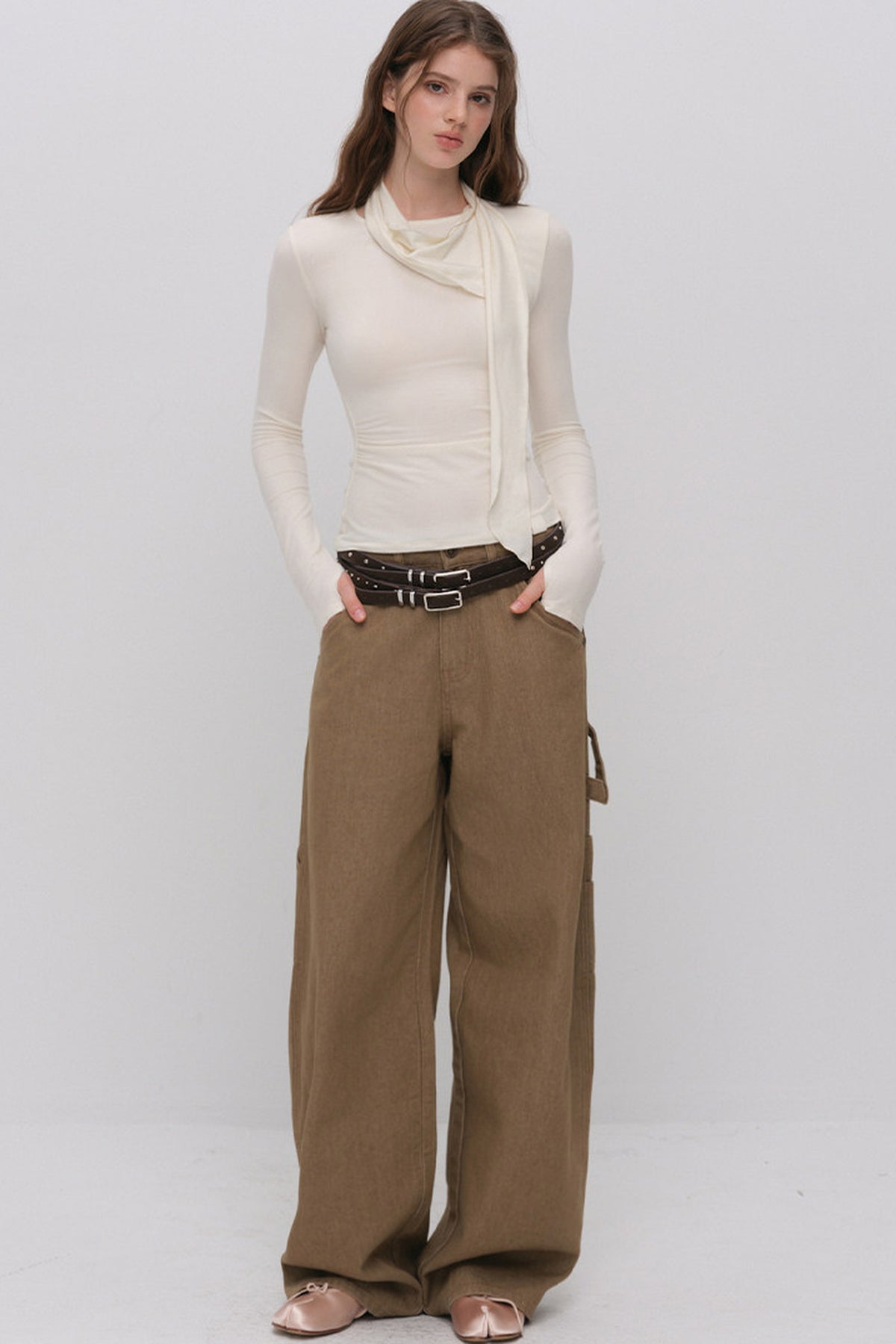 Irregular Ruched Halter Ribbon T-Shirt