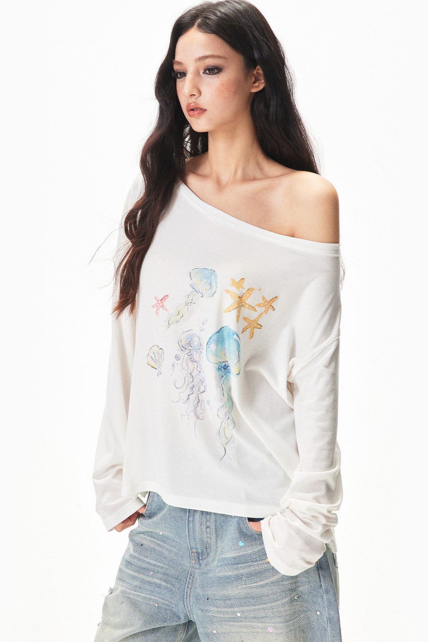 Watercolor Print Off-shoulder Long Sleeve Top